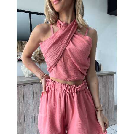 Ensemble short et top croisé vieux rose grecy look tendance mode