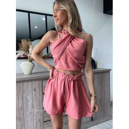 Ensemble short et top croisé vieux rose grecy look tendance mode