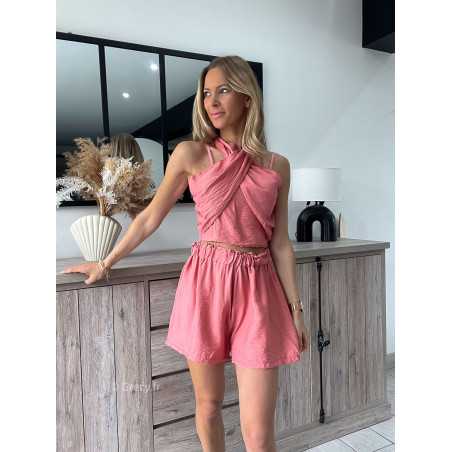 Ensemble short et top croisé vieux rose grecy look tendance mode