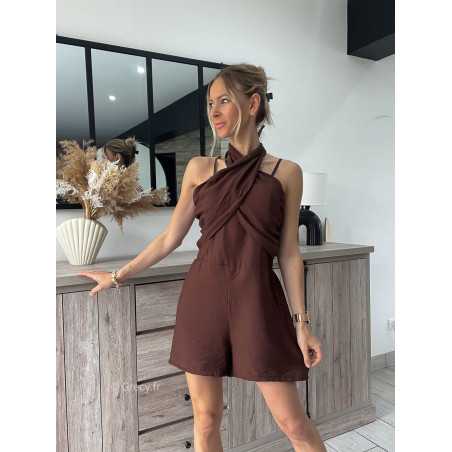 Combishort croisé marron chocolat grecy look tendance mode