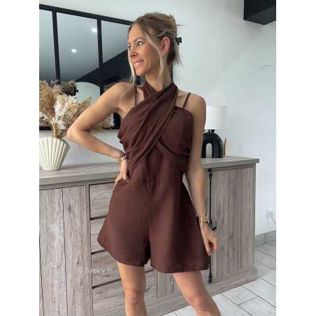 Combishort croisé marron chocolat grecy look tendance mode