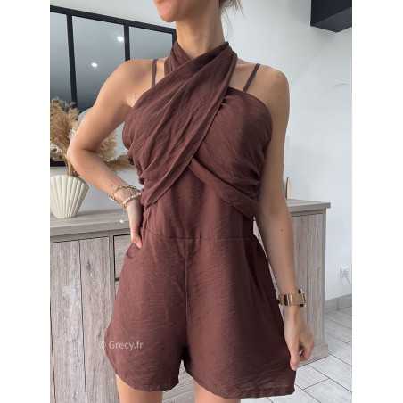 Combishort croisé marron chocolat grecy look tendance mode