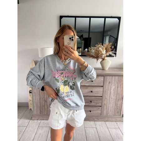 sweat sweatshirt gris citons citron fruits grecy look tendance mode