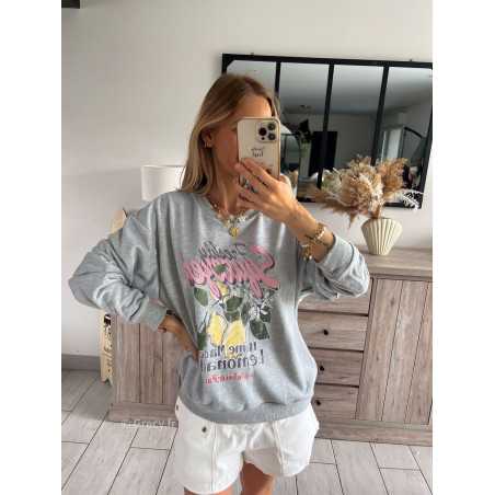 sweat sweatshirt gris citons citron fruits grecy look tendance mode