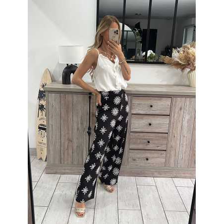 Pantalon noir broderie blanc mandala chic grecy look tendance mode