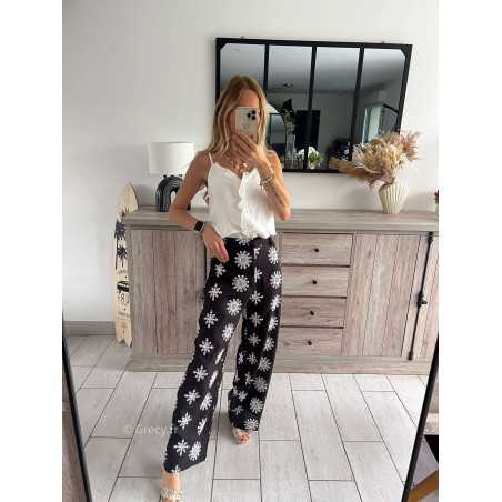 Pantalon noir broderie blanc mandala chic grecy look tendance mode