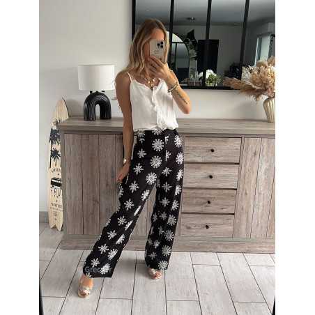 Pantalon noir broderie blanc mandala chic grecy look tendance mode