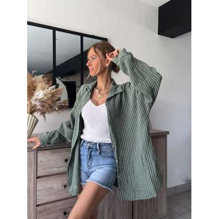 Chemise gaze coton kaki verte rayée oversize large grecy mode look tendance