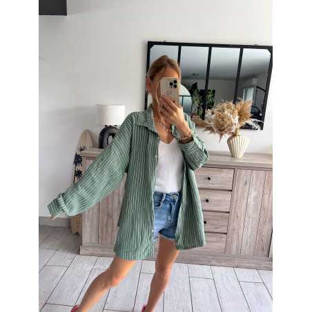 Chemise gaze coton kaki verte rayée oversize large grecy mode look tendance