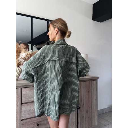 Chemise gaze coton kaki verte rayée oversize large grecy mode look tendance