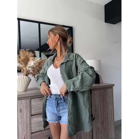 Chemise gaze coton kaki verte rayée oversize large grecy mode look tendance