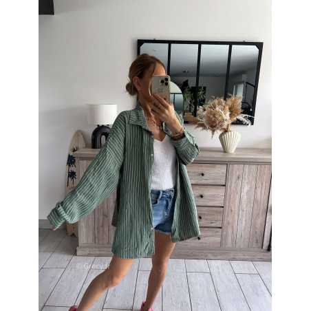 Chemise gaze coton kaki verte rayée oversize large grecy mode look tendance