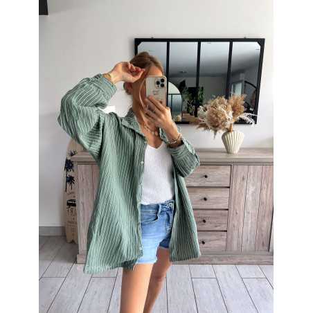 Chemise gaze coton kaki verte rayée oversize large grecy mode look tendance