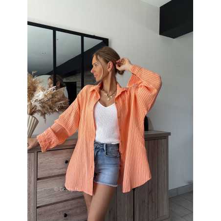 Chemise gaze coton orange rayée oversize peach large grecy mode look tendance