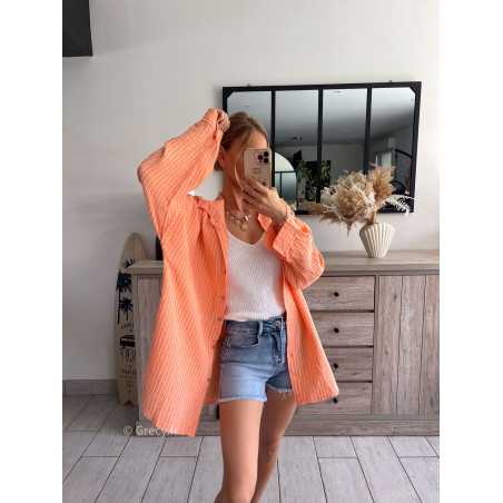 Chemise gaze coton orange rayée oversize peach large grecy mode look tendance