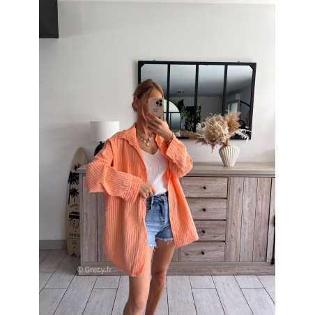 Chemise gaze coton orange rayée oversize peach large grecy mode look tendance