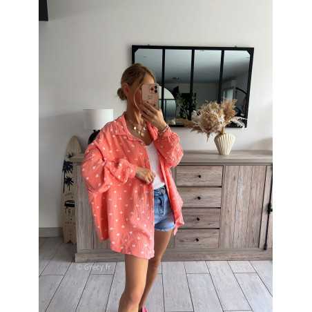 Chemise longue gaze coton orange coeurs oversize large grecy mode look tendance