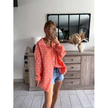 Chemise longue gaze coton orange coeurs oversize large grecy mode look tendance