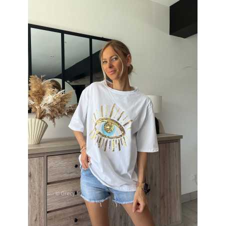 Tshirt oeil sequins blanc grecy mode look tendance