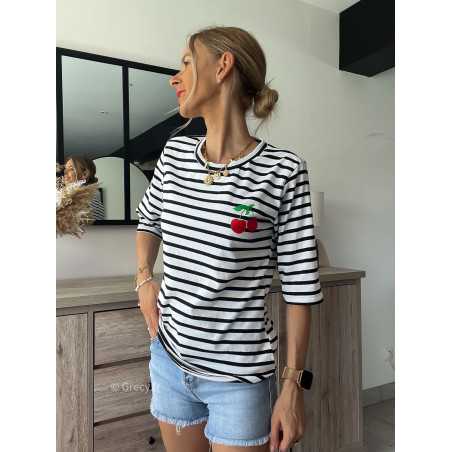 Tshirt rayé cerises grecy mode tenue look tendance