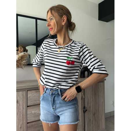 Tshirt rayé cerises grecy mode tenue look tendance