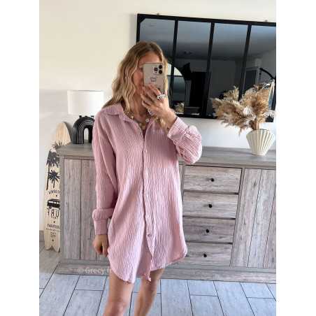 Chemise longue gaze coton rose grecy