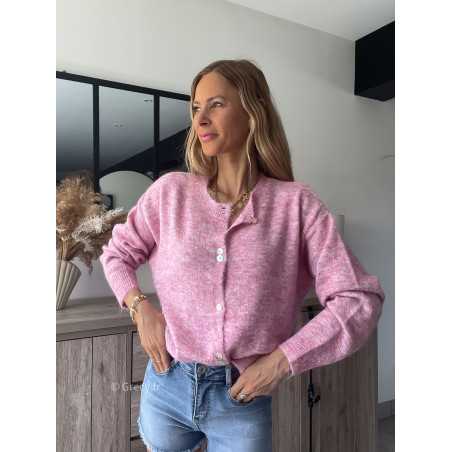 Gilet cardigan rose chiné grecy mode doux tendance outfit look