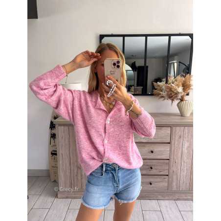 Gilet cardigan rose chiné grecy mode doux tendance outfit look