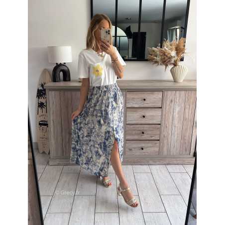 Jupe longue Bridgerton fleurie boutonnée bleue grecy mode tendance outfit look