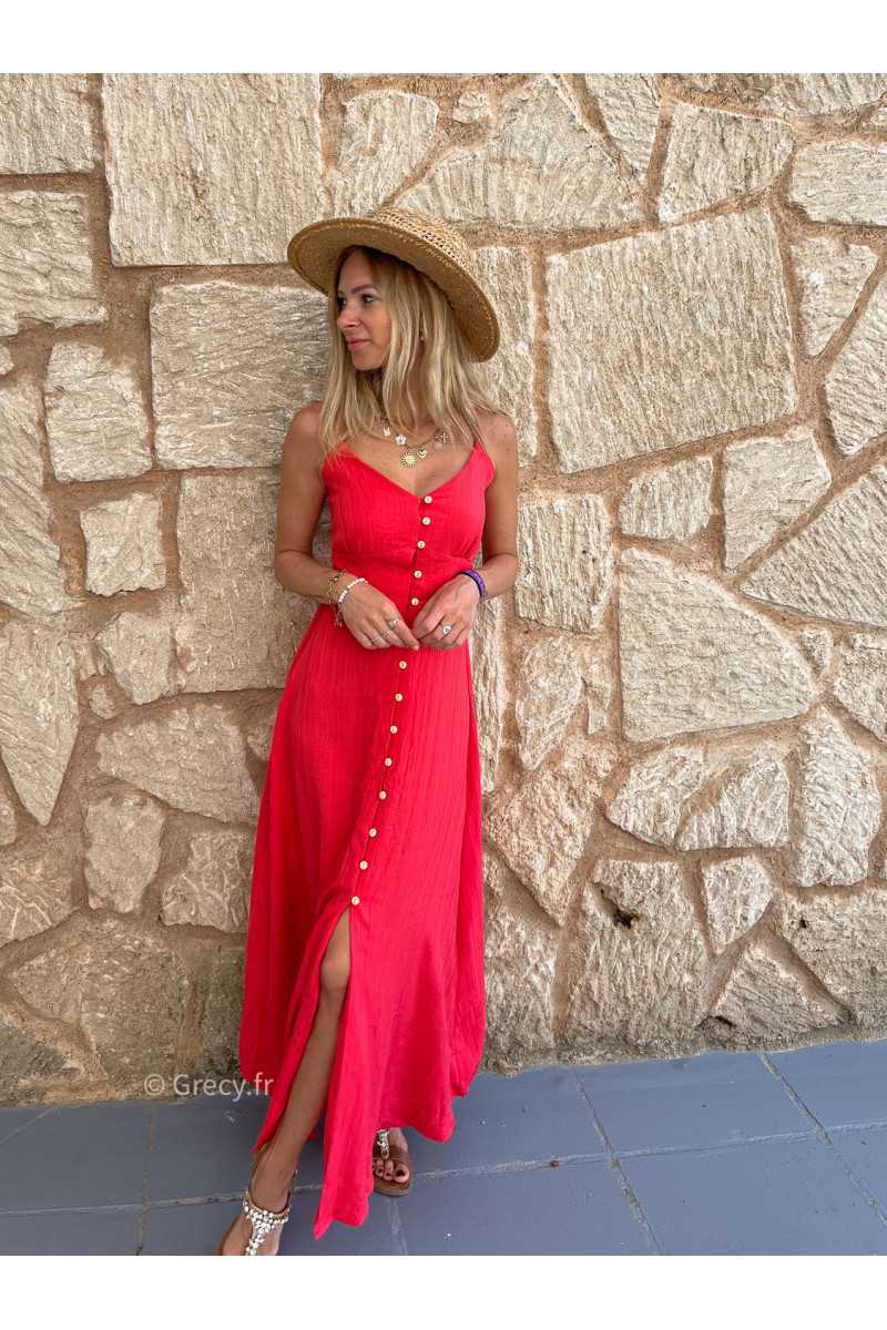 Robe longue Celia boutonnee rouge fines bretelles Taille L Couleur framboise