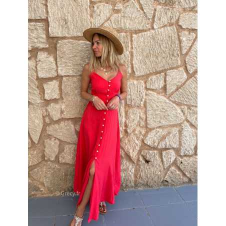 Robe longue Célia boutonnée rouge chic bretelles été look mode tendance grecy