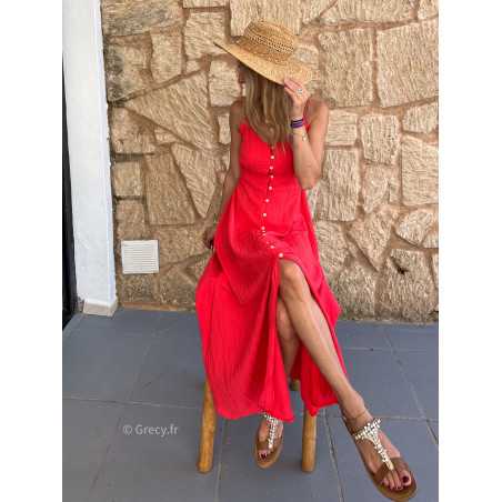 Robe longue Célia boutonnée rouge chic bretelles été look mode tendance grecy