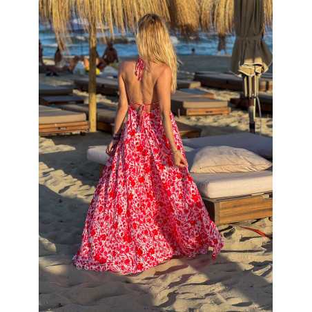 Robe longue fleurie rouge dos nu été look mode tendance grecy