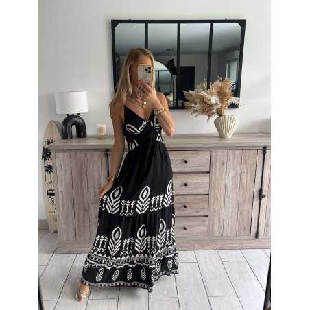 Robe longue noire et blanche bretelles réglables été look mode tendance grecy