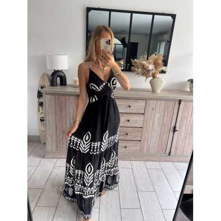 Robe longue noire et blanche bretelles réglables été look mode tendance grecy