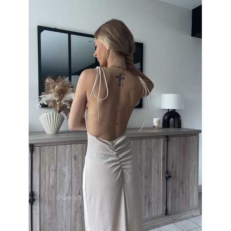 robe longue sirène beige dos nu en V été look mode tendance grecy