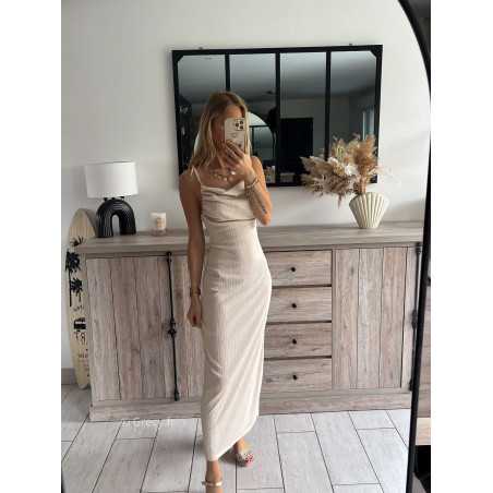 robe longue sirène beige dos nu en V été look mode tendance grecy