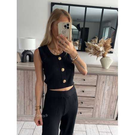 Ensemble noir gilet pantalon maille look mode tendance grecy