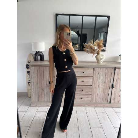 Ensemble noir gilet pantalon maille look mode tendance grecy