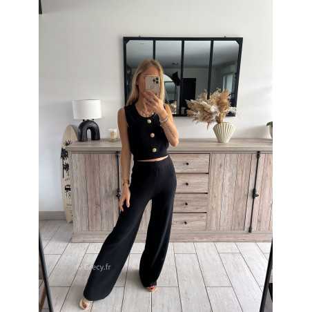 Ensemble noir gilet pantalon maille look mode tendance grecy