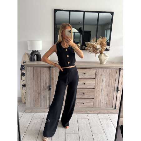 Ensemble noir gilet pantalon maille look mode tendance grecy