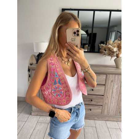 gilet veste sans manches boléro rose look mode tendance grecy