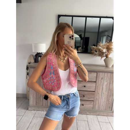 gilet veste sans manches boléro rose look mode tendance grecy