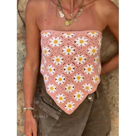 top crochet fleuri rose bustier triangle bandana rose look mode tendance grecy