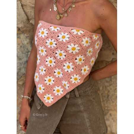 top crochet fleuri rose bustier triangle bandana rose look mode tendance grecy