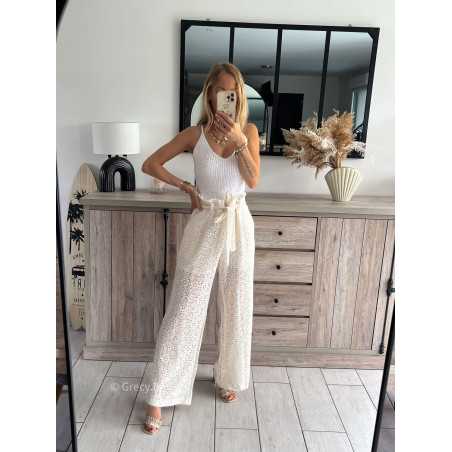 Pantalon crochet ceinturé ajourée blanc doublure taille haute look mode tendance grecy