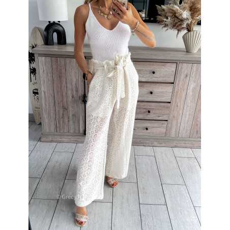 Pantalon crochet ceinturé ajourée blanc doublure taille haute look mode tendance grecy