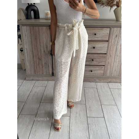 Pantalon crochet ceinturé ajourée blanc doublure taille haute look mode tendance grecy