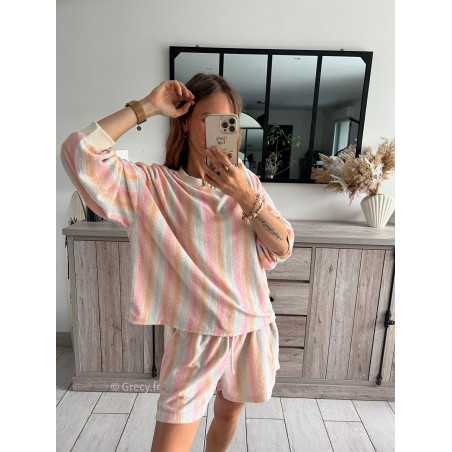 Sweat rayures éponge pastel ensemble short American vintage look ootd grecy set confort comfy cosy