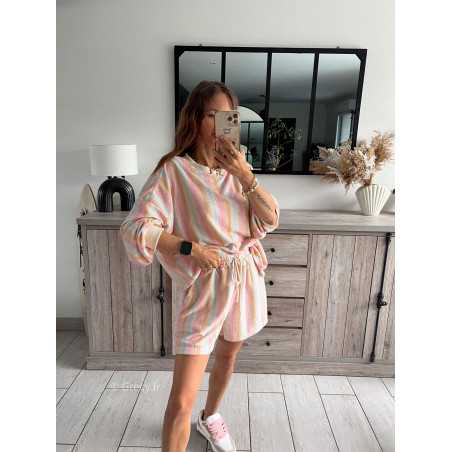 Sweat rayures éponge pastel ensemble short American vintage look ootd grecy set confort comfy cosy